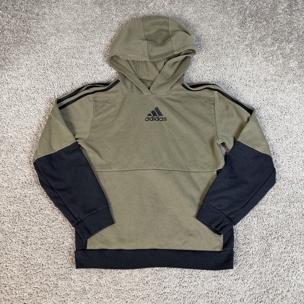 Adidas Hoodie Boys Medium Green Pullover Fleece Colorblock Hooded Pockets Logo